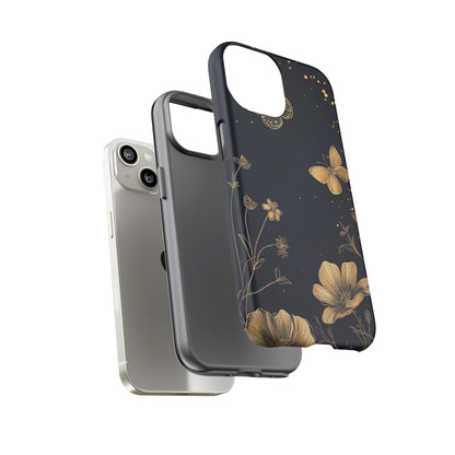Gold Floral Butterfly Phone Case, Dark Aesthetic Botanical, Elegant Black Luxury iPhone Samsung Cover