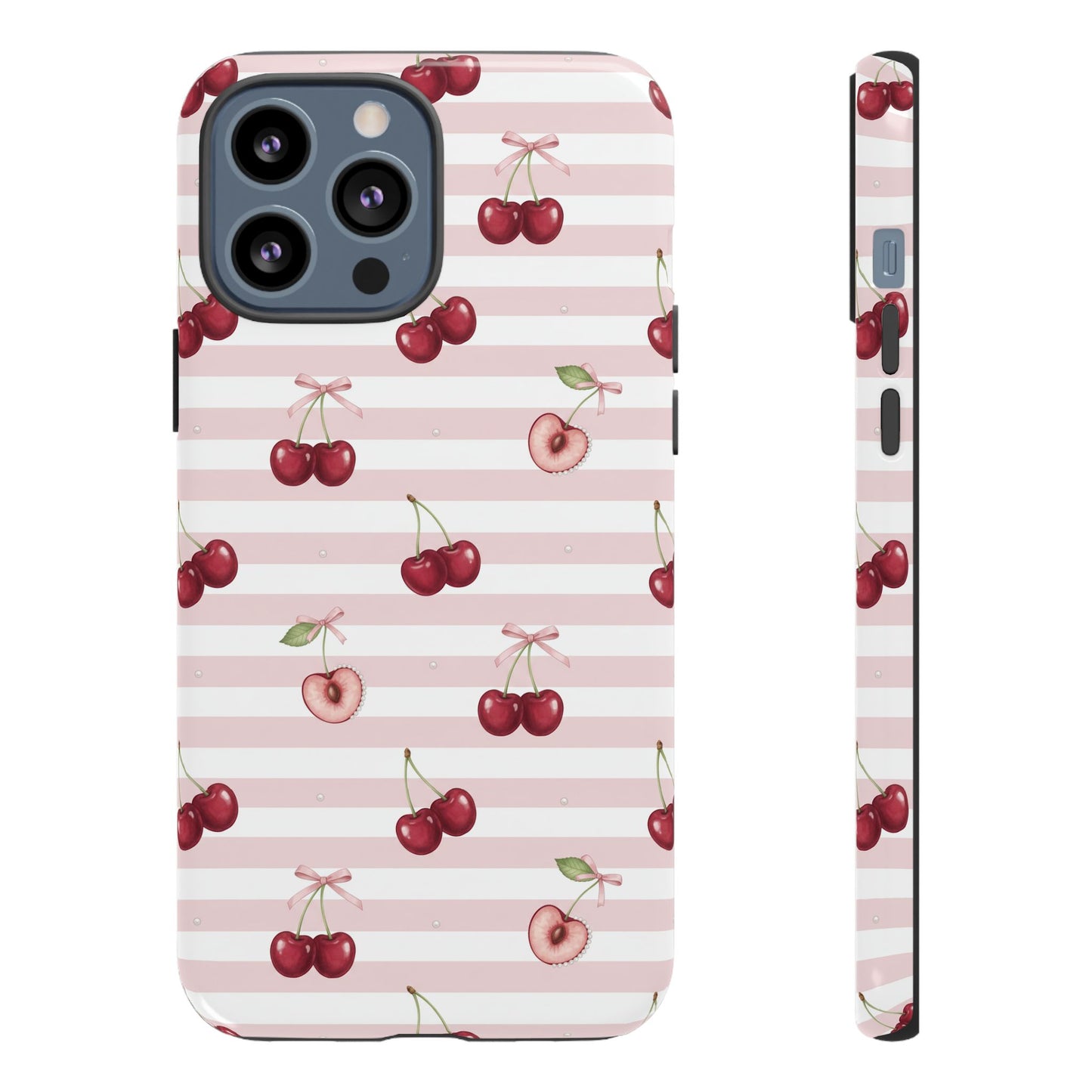 Pink Cherry Stripe Phone Case | Cute Coquette Aesthetic Protective Tough Case