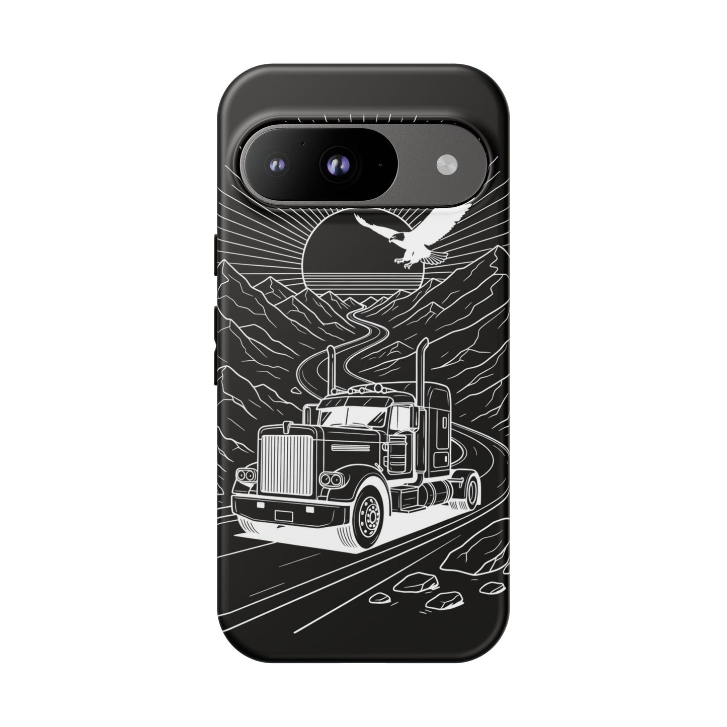Trucker Highway Phone Case | Eagle & Mountain Line Art | Black Western Tough Case