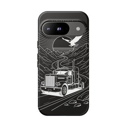 Trucker Highway Phone Case | Eagle & Mountain Line Art | Black Western Tough Case