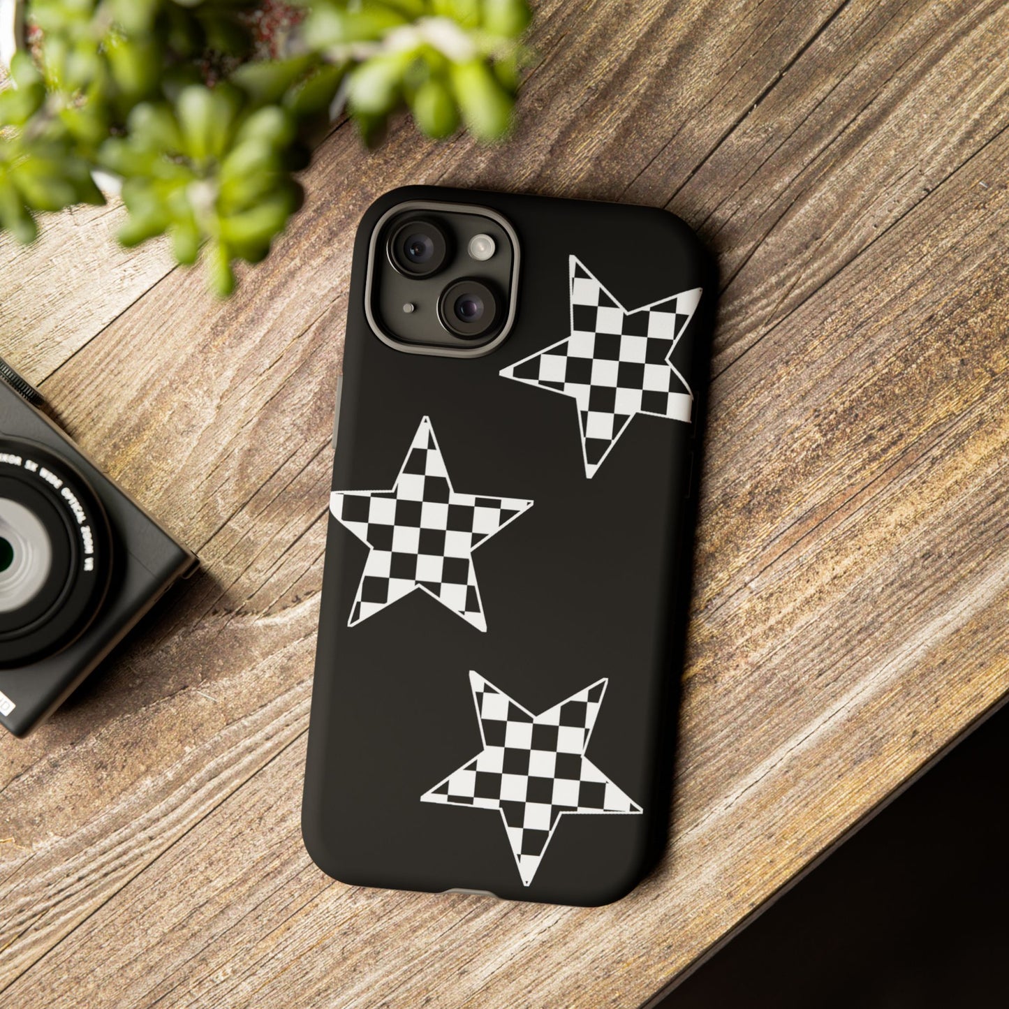 Checkered Star Tough Phone Case – Black Retro Graphic Protective Cover for Iphone, Samsung Galaxy and Pixel