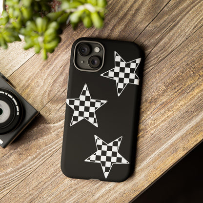 Checkered Star Tough Phone Case – Black Retro Graphic Protective Cover for Iphone, Samsung Galaxy and Pixel