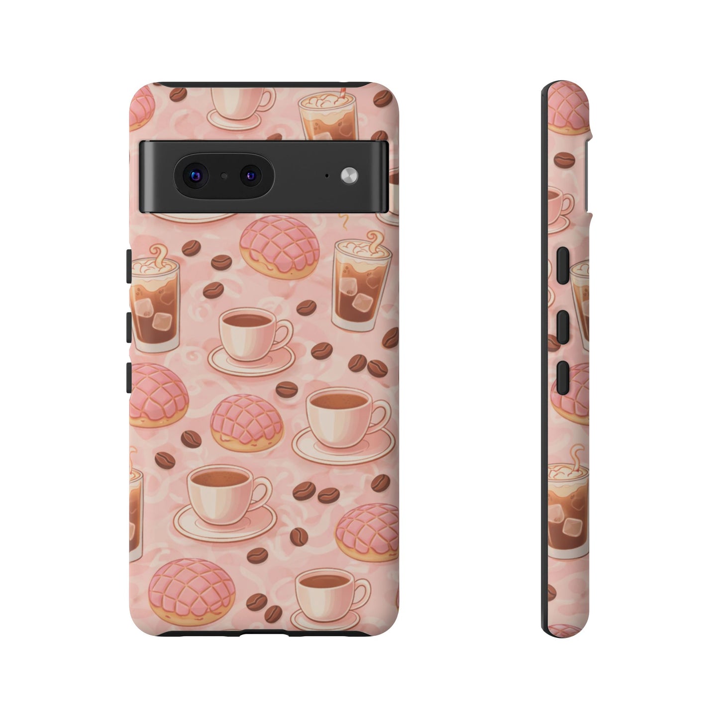 Cute Coffee & Pink Concha Phone Case – Coffee Lover Aesthetic Latte Pattern Tough Case