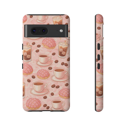 Cute Coffee & Pink Concha Phone Case – Coffee Lover Aesthetic Latte Pattern Tough Case