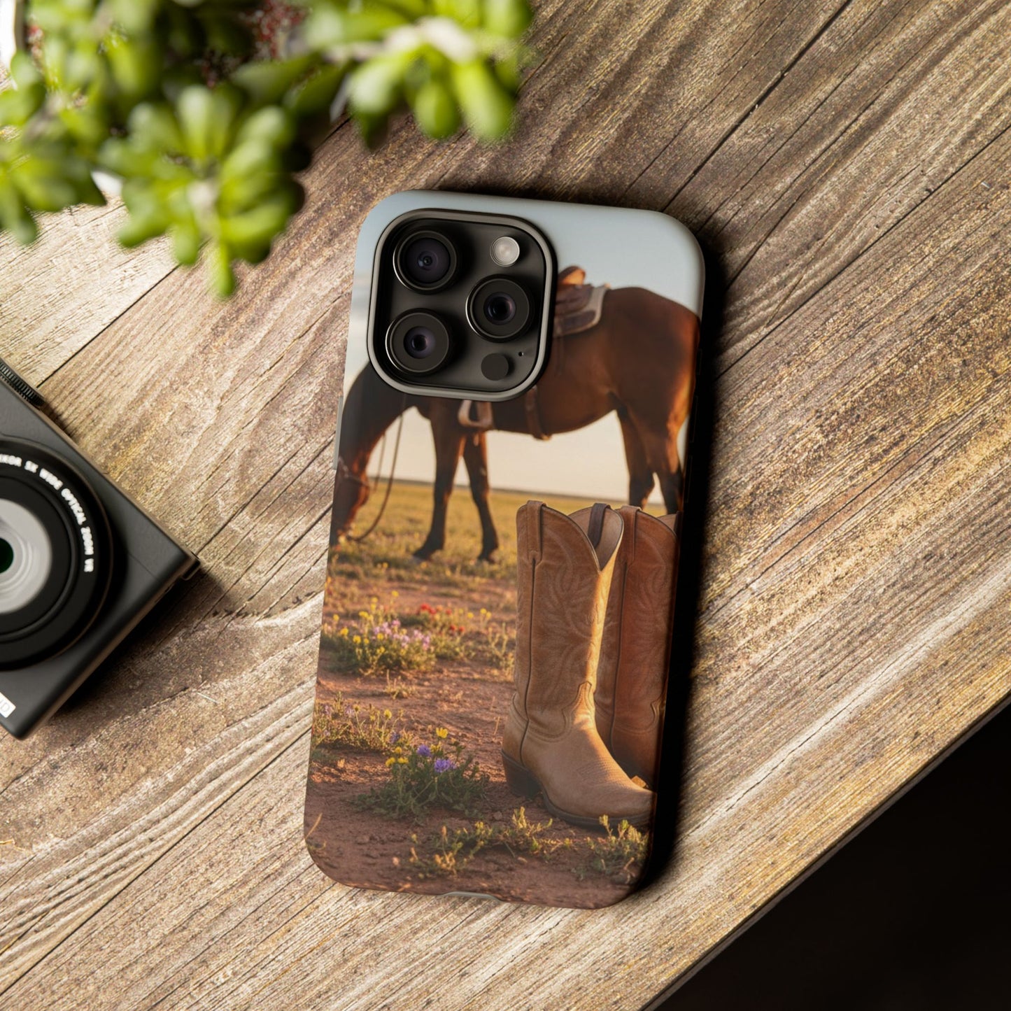 Western Cowboy Boots Phone Case – Rustic Horse Sunset Tough Case (iPhone, Samsung, Pixel)