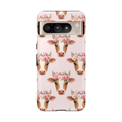 Floral Cow Phone Case – Cute Pink Cow Print Tough Protective Case for Iphone, Samsung Galaxy and Pixel