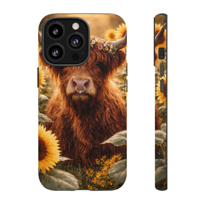 Highland Cow Sunflower Phone Case | Floral Farmhouse iPhone, Samsung Galaxy and Pixel Cover