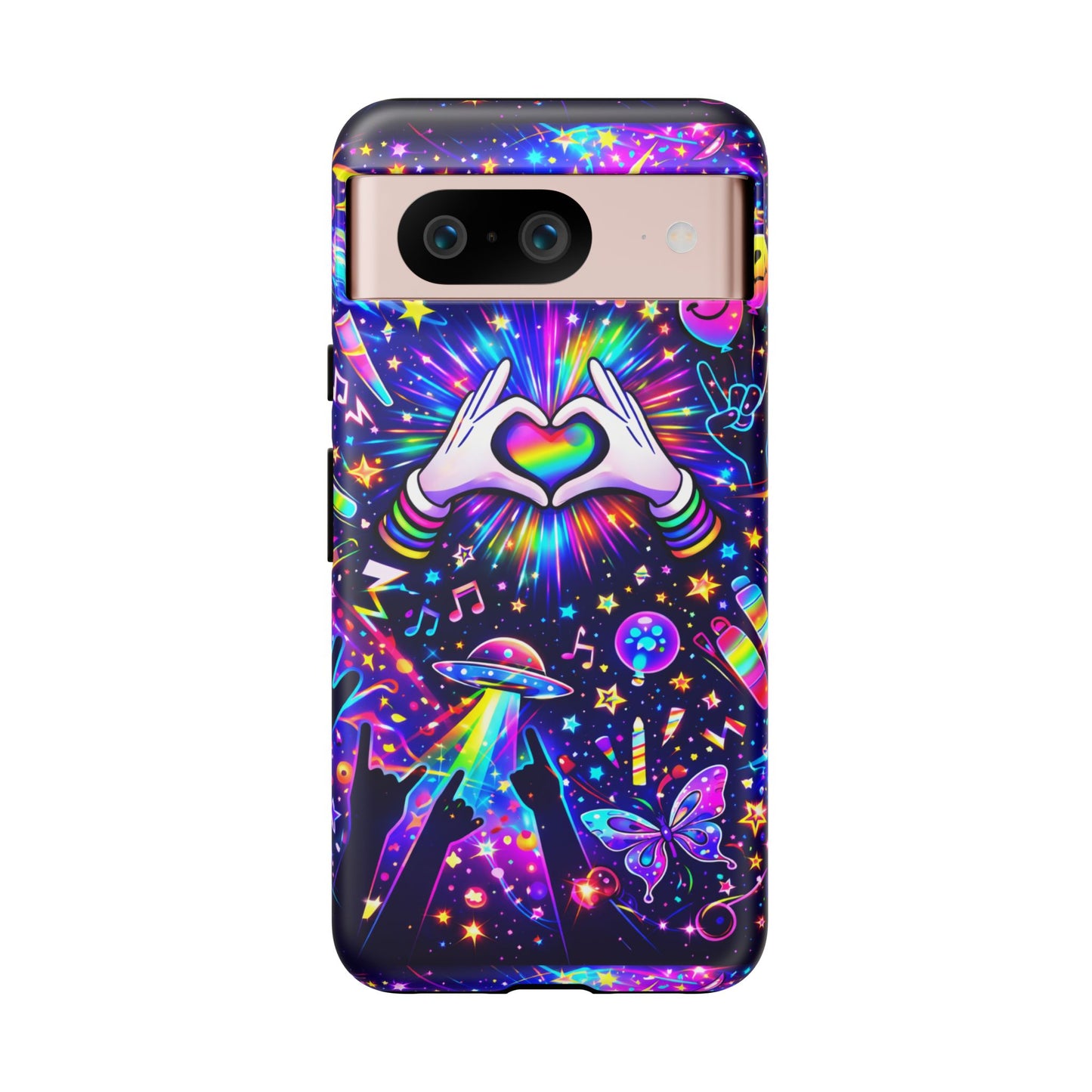 Rainbow Heart Hands Phone Case – Neon Galaxy EDM Festival Tough Cover
