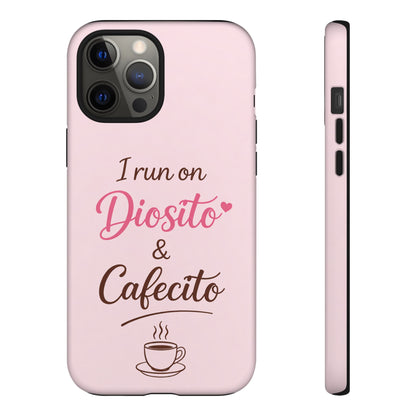 I Run on Diosito y Cafecito Phone Case, Pink Aesthetic Latina Faith Coffee Case, Girly Protective iPhone Samsung Cover