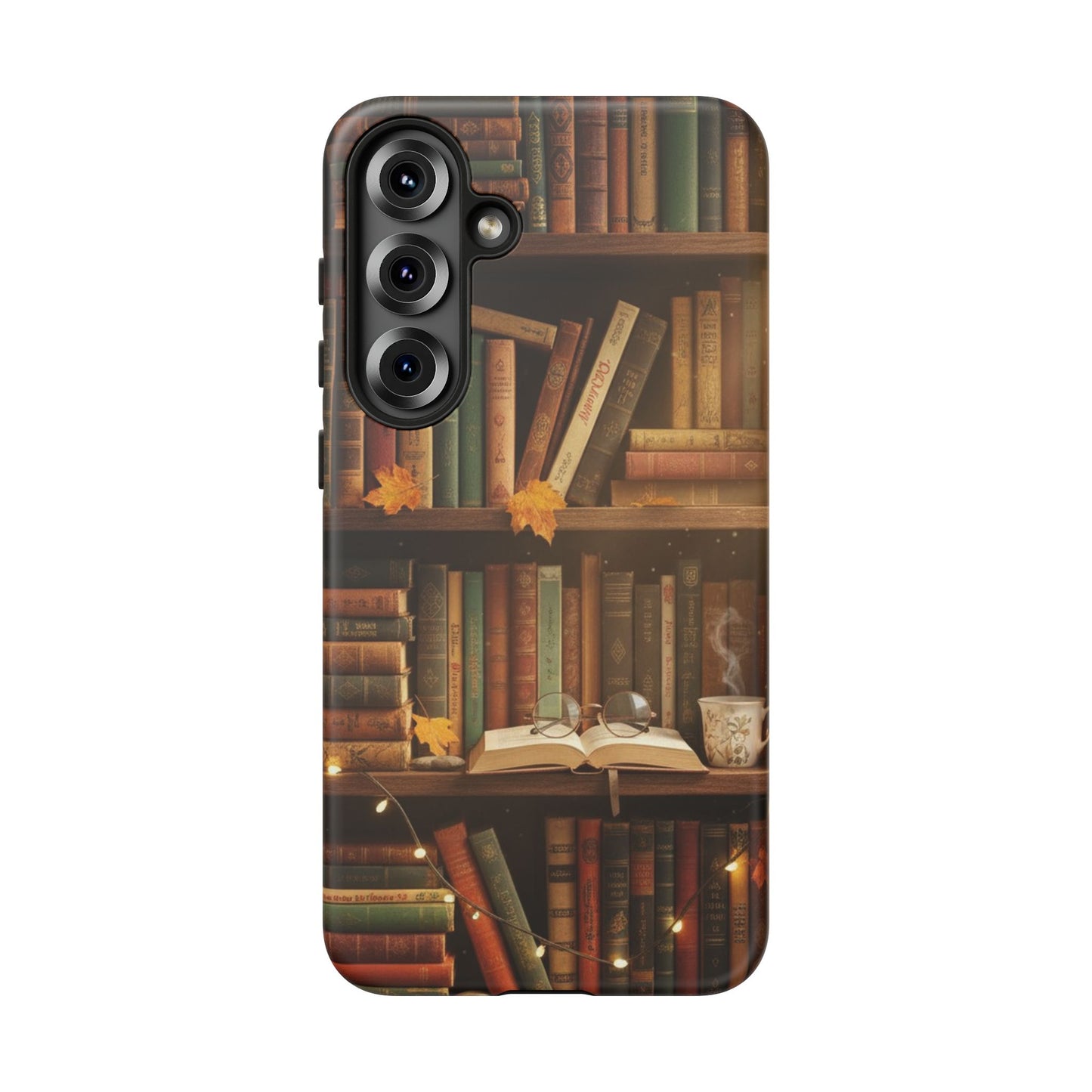 Cozy Vintage Bookshelf Phone Case, Library Aesthetic Book Stack, Autumn Coffee Vibes (iPhone, Samsung, Pixel)