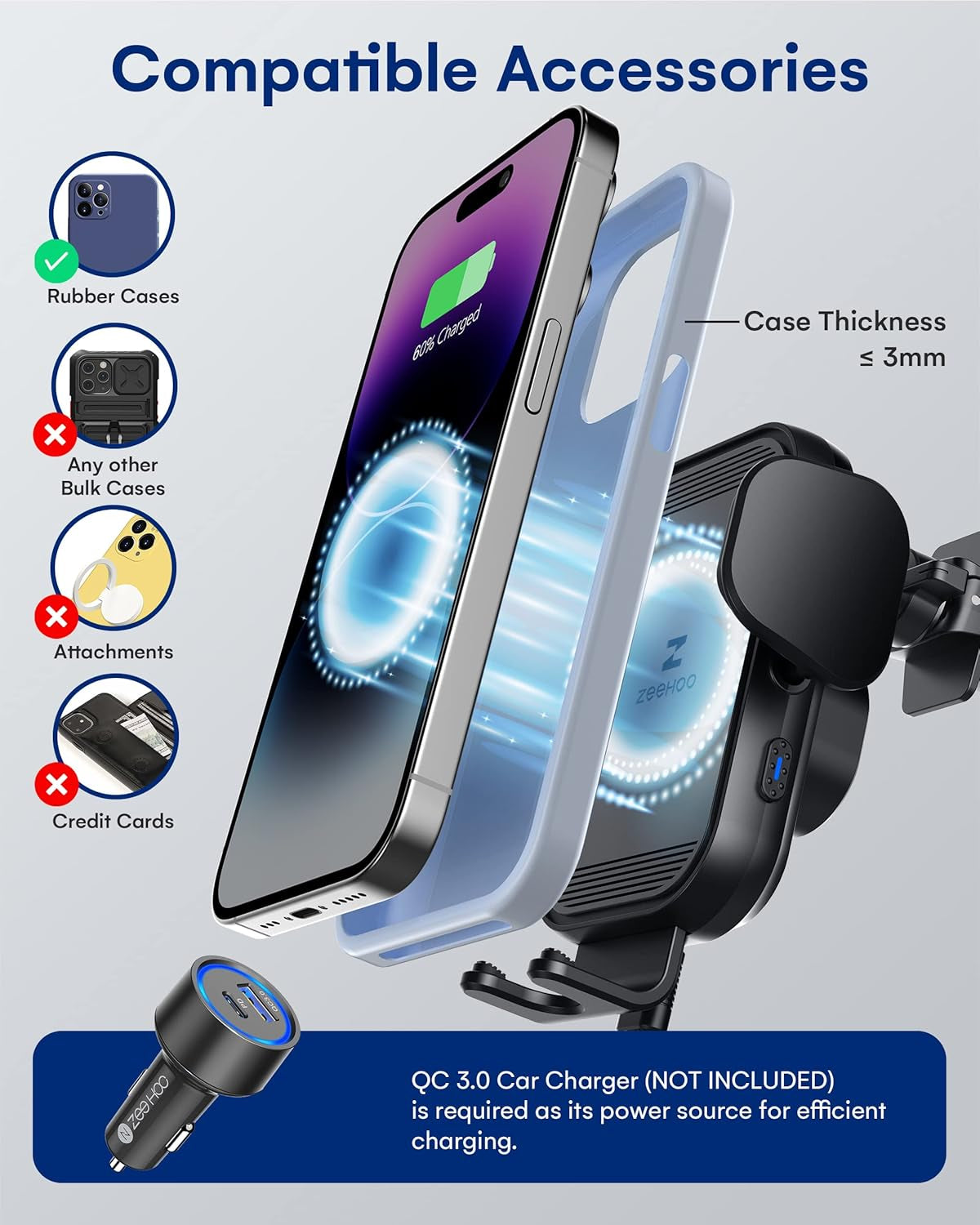 Wireless Car Charger, 15W Fast Charging, Auto Clamping Car Phone Mount, Cell Phone Holder Charger, for Iphone 15 14 13 12 11 Pro Max Xs, Etc. (Black)
