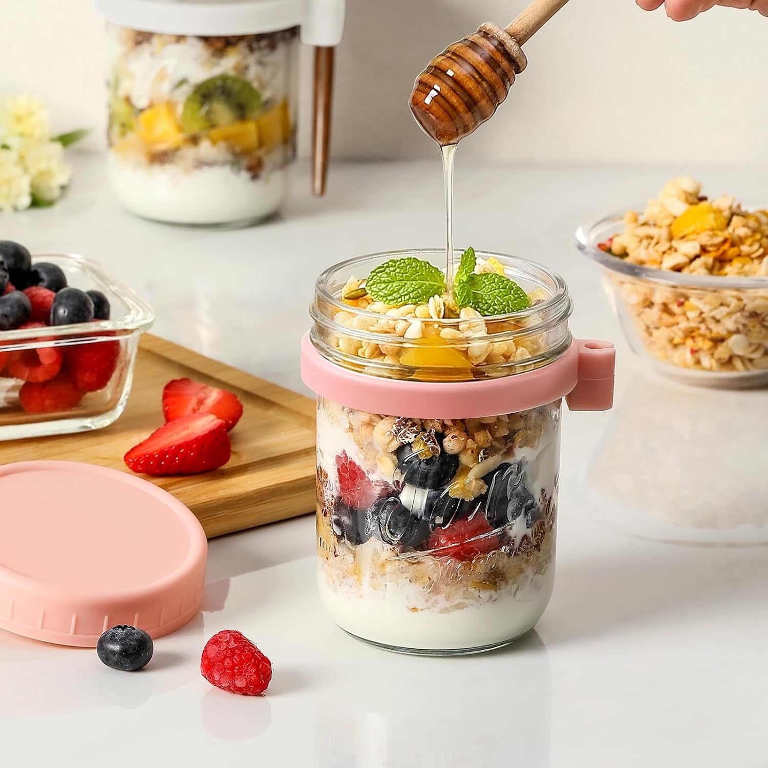 4 Pack Overnight Oats Containers with Lids and Spoons, 16 Oz Glass Mason Jars with Airtight Lids, Overnight Oats Jars for Milk, Cereal, Fruit