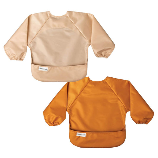 Mess Proof Baby Bibs, 2Pk Waterproof Smock Baby Bibs for Eating, Machine Washable Long Sleeve Bibs, Baby Led Weaning, Toddler Bibs, BLW Supplies (Sand Cinnamon, Large 2-4 Years)