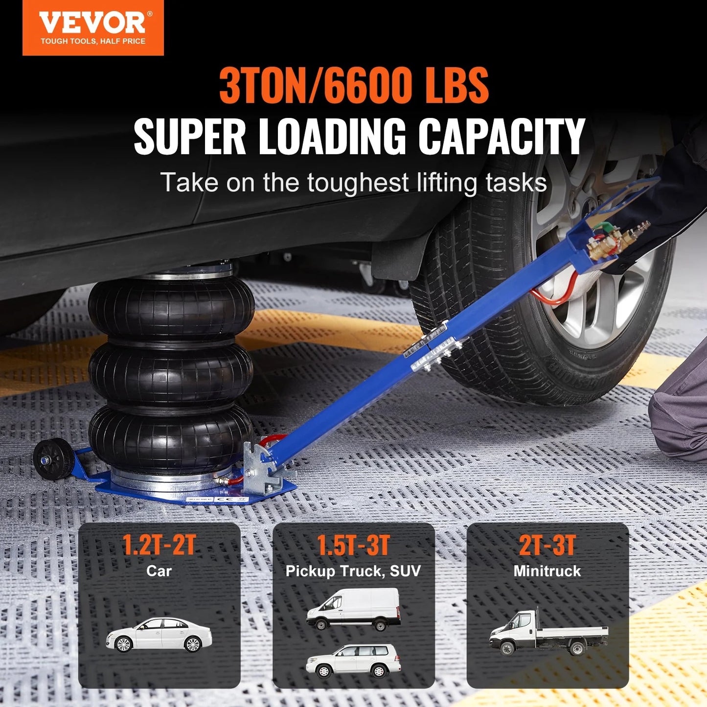 VEVOR Air Jack, 3 Ton/6600 Lbs Triple Bag Air Jack, Airbag Jack with Six Steel Pipes, Lift up to 17.7, 3-5 S Fast Lifting Pneumatic Jack, with Adjustable Long Handles for Cars, Garages, Repair (Blue)