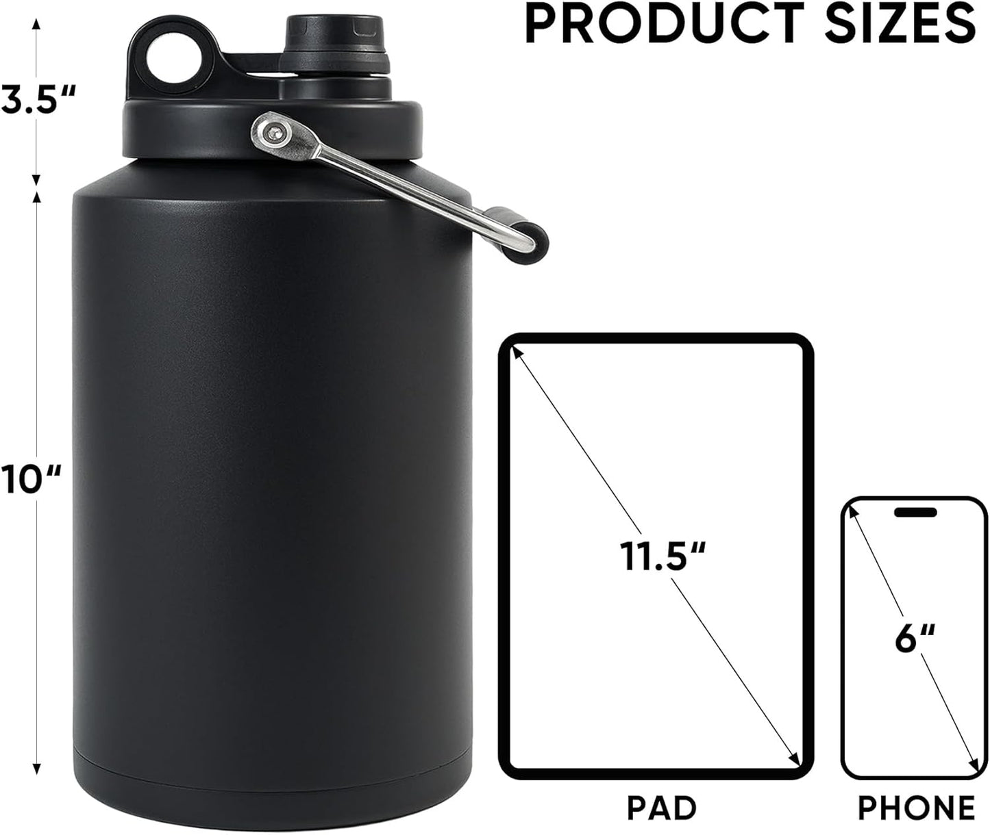 Insulated Jug with Handle, One Gallon, 128Oz Stainless Steel, Large Double Vacuum Water Bottle for Hot & Cold Drinks, Wide Mouth, Sweat Proof, Great for Travel, Hiking & Camping, Black