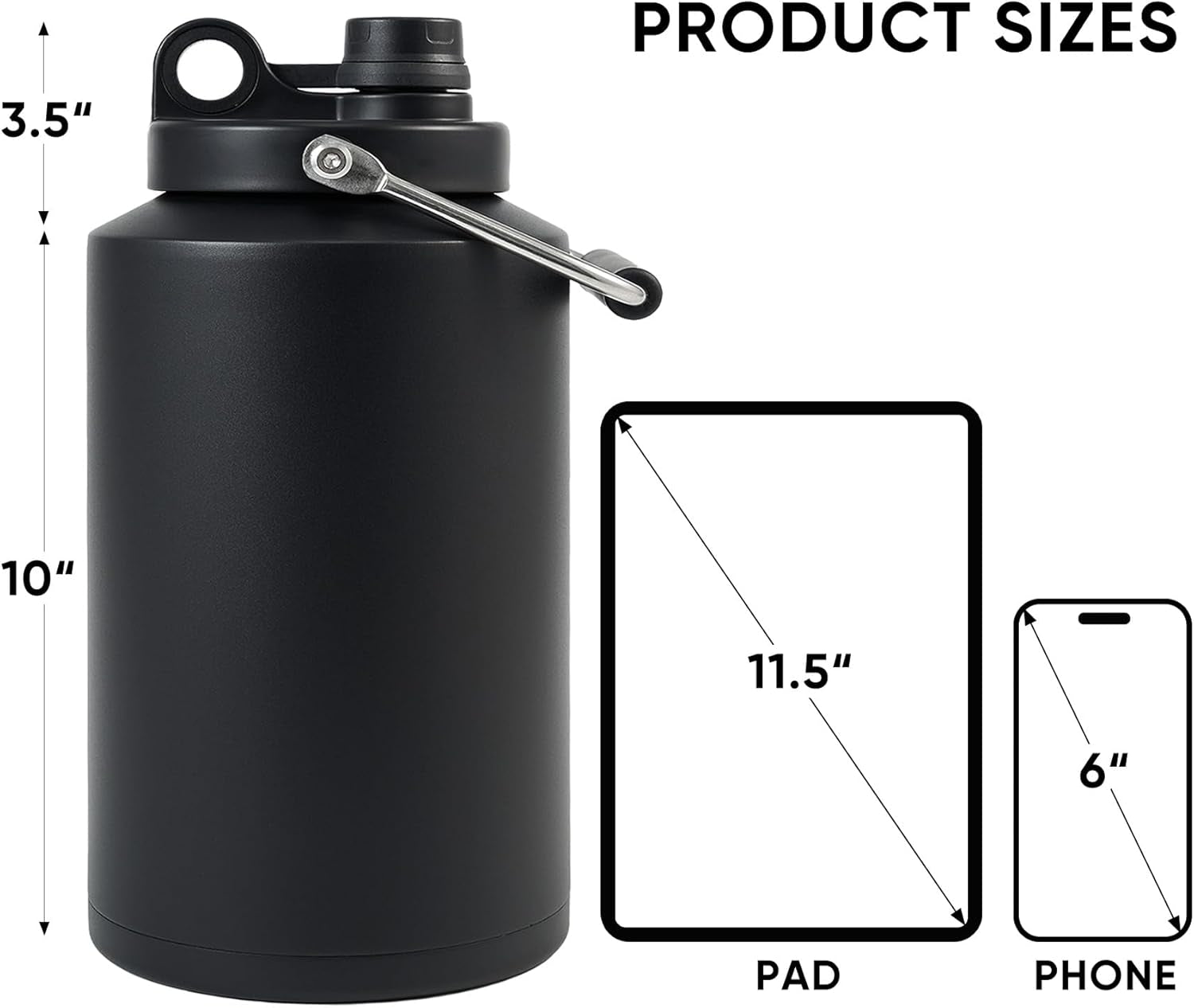 Insulated Jug with Handle, One Gallon, 128Oz Stainless Steel, Large Double Vacuum Water Bottle for Hot & Cold Drinks, Wide Mouth, Sweat Proof, Great for Travel, Hiking & Camping, Black