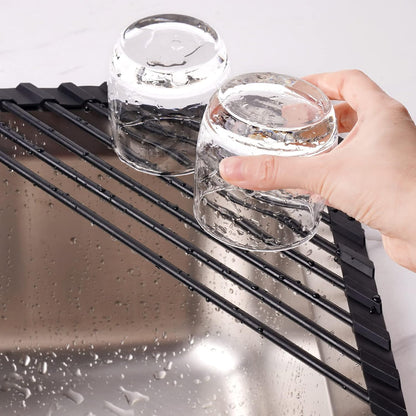Small Triangle Roll-Up Dish Drying Rack with Silicone Coating Stainless Steel Frame for Sink Corners, Multipurpose Over-The-Sink Kitchen Drainer & Organizer for Space-Saving Storage (Black)
