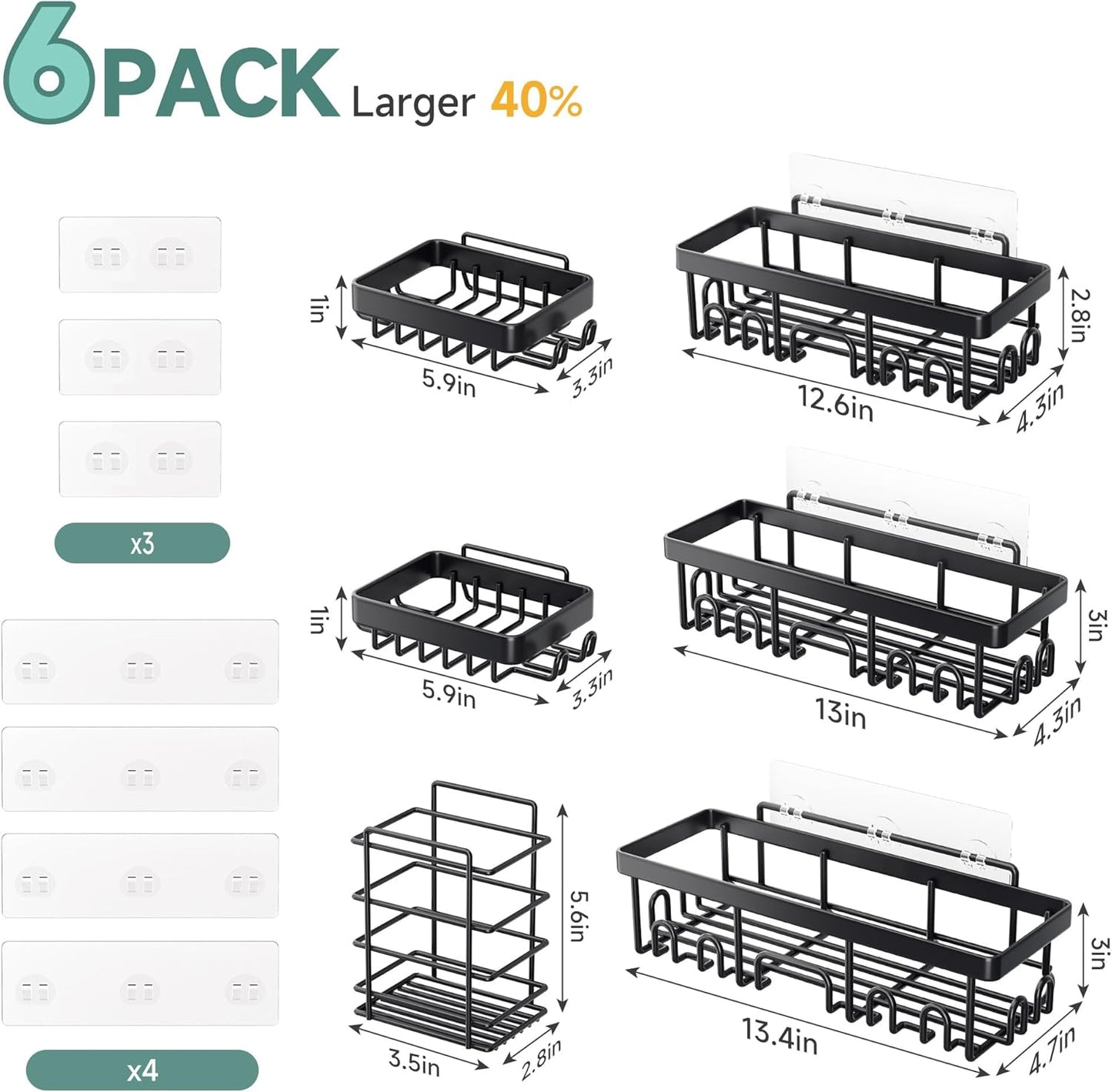 Rustproof & Waterproof Shower Caddy 6-Pack, No Drilling Adhesive Shelves Rack with Soap Holder, Large Capacity Bathroom Organizers and Storage, Wall-Mounted Kitchen & Home Decor