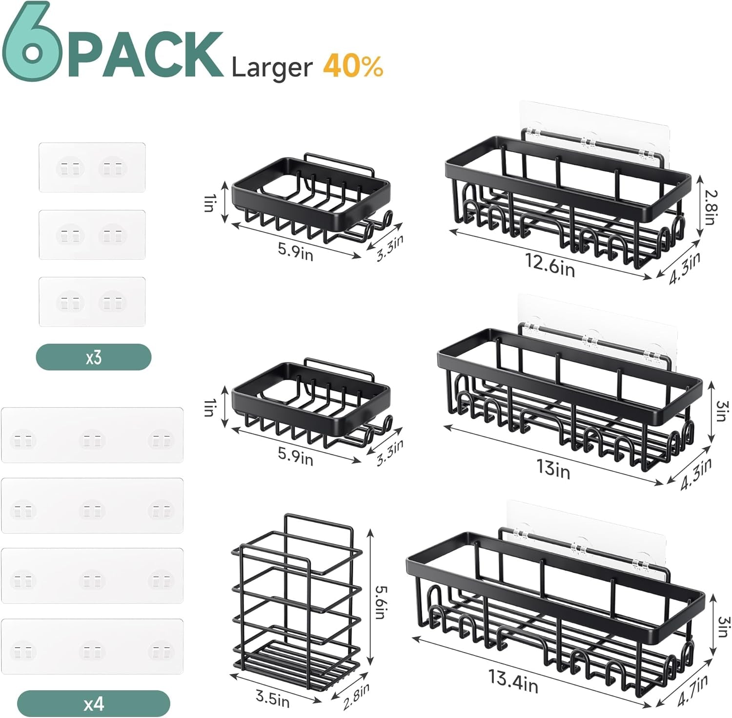 Rustproof & Waterproof Shower Caddy 6-Pack, No Drilling Adhesive Shelves Rack with Soap Holder, Large Capacity Bathroom Organizers and Storage, Wall-Mounted Kitchen & Home Decor