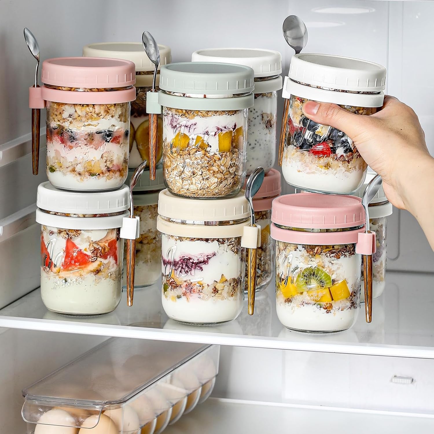 4 Pack Overnight Oats Containers with Lids and Spoons, 16 Oz Glass Mason Jars with Airtight Lids, Overnight Oats Jars for Milk, Cereal, Fruit