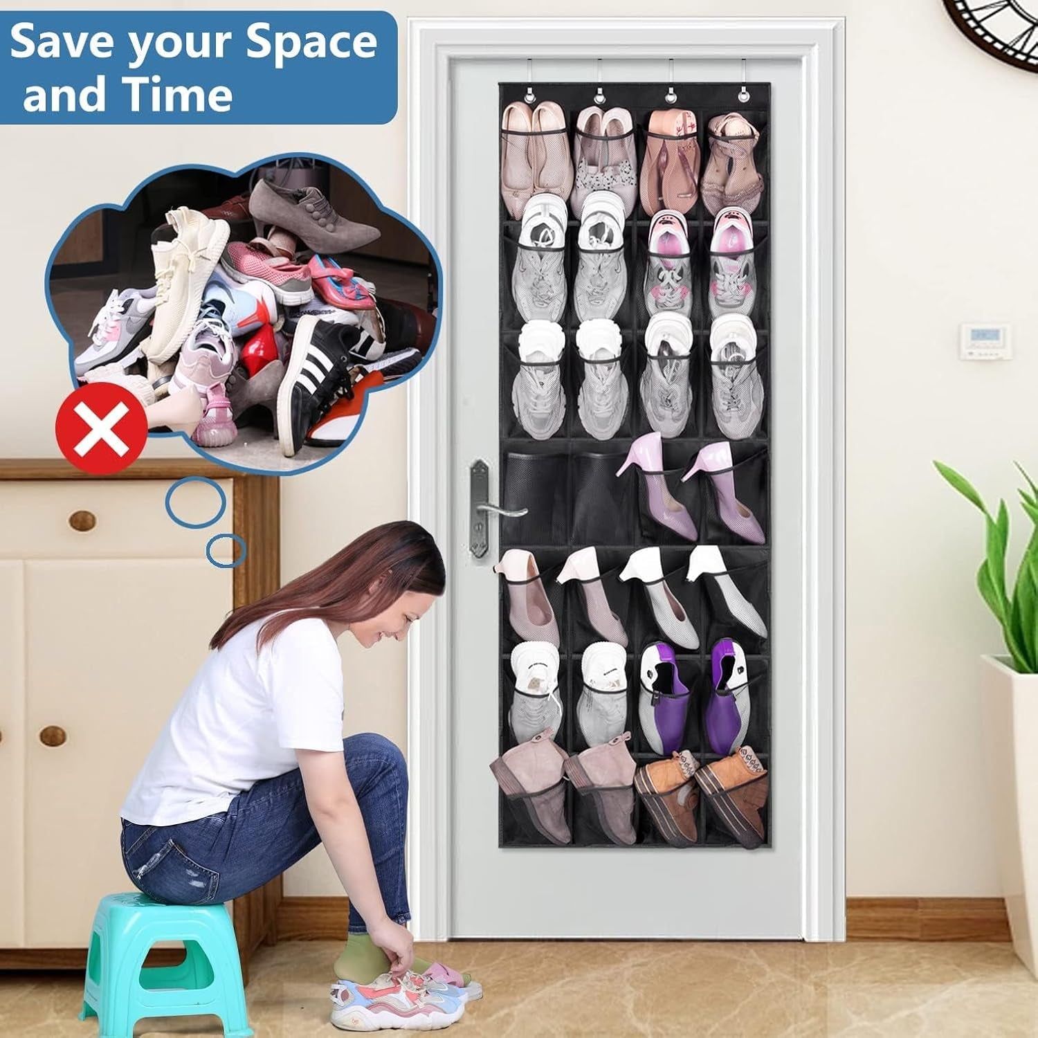 28 Large Pockets Hanging Shoe Organizer over the Door Shoe Rack for Closet Door Storage Mesh Shoe Holder Hanger for Men, Black