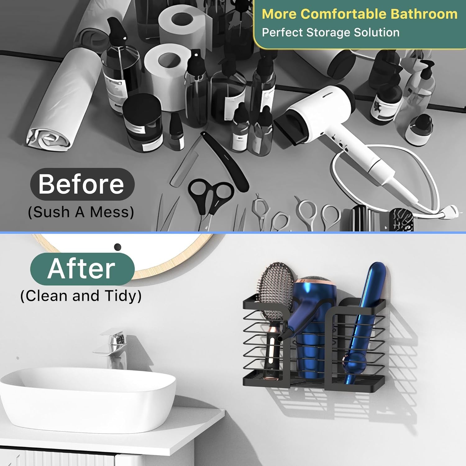 Hair Dryer Holder - Hair Tool Organizer 3-In-1 Blow Dryer Holder Adjustable Height, Bathroom Organizer Wall Mounted/Cabinet Door for Flat/Curling Irons, Hair Straighteners