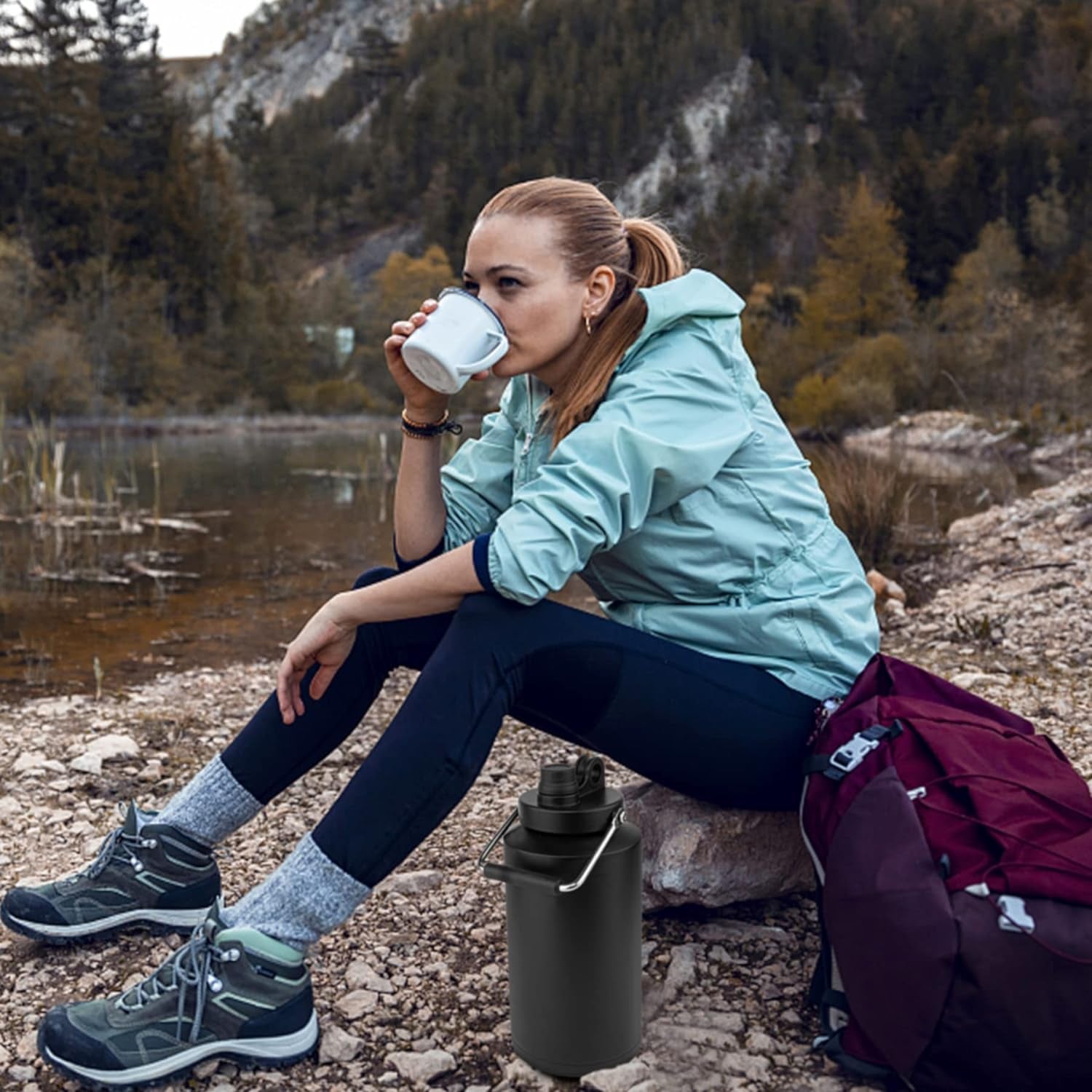 Insulated Jug with Handle, One Gallon, 128Oz Stainless Steel, Large Double Vacuum Water Bottle for Hot & Cold Drinks, Wide Mouth, Sweat Proof, Great for Travel, Hiking & Camping, Black