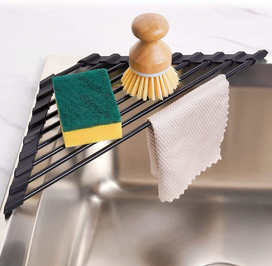 Small Triangle Roll-Up Dish Drying Rack with Silicone Coating Stainless Steel Frame for Sink Corners, Multipurpose Over-The-Sink Kitchen Drainer & Organizer for Space-Saving Storage (Black)