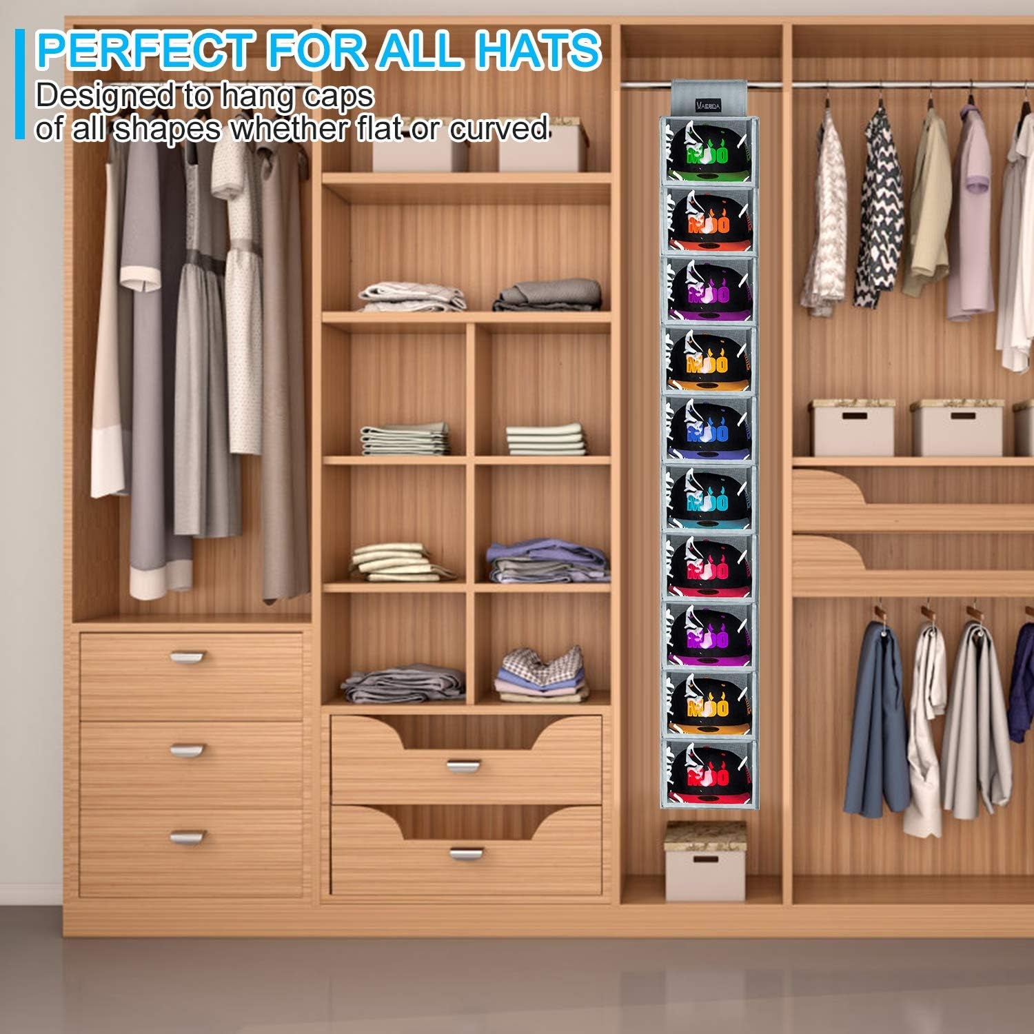 Hat Rack - 10 Shelf Upgraded Version Hat Organizer for Closet with Dust Shield & Side Mesh Storage Pockets - Hat Holder & Hat Racks for Baseball Caps