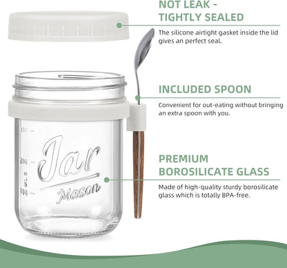 4 Pack Overnight Oats Containers with Lids and Spoons, 16 Oz Glass Mason Jars with Airtight Lids, Overnight Oats Jars for Milk, Cereal, Fruit