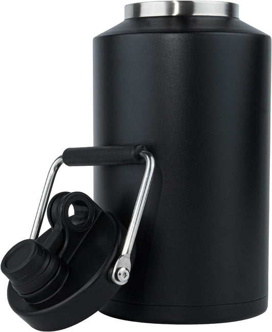 Insulated Jug with Handle, One Gallon, 128Oz Stainless Steel, Large Double Vacuum Water Bottle for Hot & Cold Drinks, Wide Mouth, Sweat Proof, Great for Travel, Hiking & Camping, Black